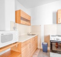 A kitchen in a studio apartment with wooden decor and a white microwave.