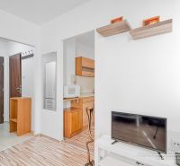 Interior of a one-room apartment with a wooden decor floor and light furniture.
