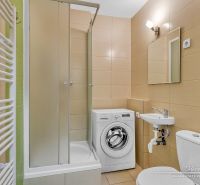 Bathroom in a studio apartment with a shower and a washing machine, beige tiles.