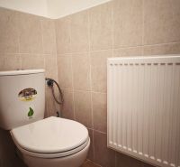 Restroom in commercial premises with tiling and a radiator.