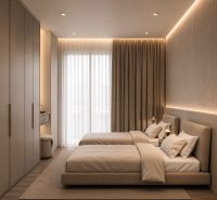 Double bedroom with elegant lighting and wood-patterned flooring in a holiday apartment.