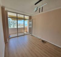 Recreational apartment with a glass wall and wooden decor flooring, access to the balcony.