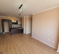Living area with a kitchenette and a wooden decor floor in the Holiday Apartment.