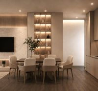 Stylish interior of a holiday apartment with a wood-decor floor and tasteful lighting.
