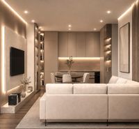 Recreational apartment with a comfortable sofa, wood-patterned flooring, and cozy lighting.