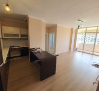 Kitchen and living room in the Holiday Apartment, floor with wood decor, balcony.