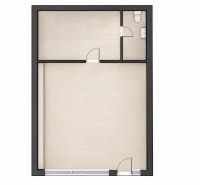 The floor plan of commercial premises with wood-decor flooring includes two rooms and a restroom.