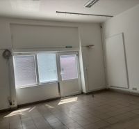 Interior of commercial spaces with large windows and tiled flooring.