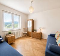 A bright living room with blue sofas and a wood-patterned floor in a 3-room apartment.