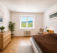 A bright bedroom in a three-room apartment with a wooden decor floor and natural accents.