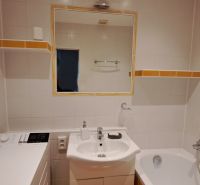 Bathroom with a sink, mirror, washing machine, and bathtub in a two-room apartment.