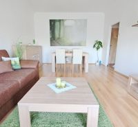 Living room in a 2-room apartment with a brown sofa and a wooden-patterned floor.