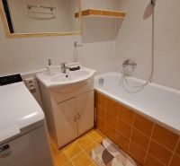 A bathroom in a 2-room apartment with a shower, washing machine, and sink.