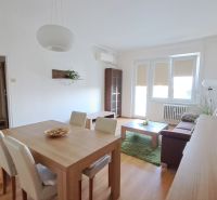 Living room in a two-room apartment with a wooden decor floor and a dining table.