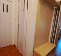 Entrance with brown tiles, a wardrobe, and sliding doors in a 2-room apartment.