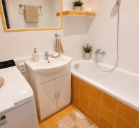 Bathroom with a bathtub, sink, washing machine, and decorative towels in a 2-room apartment.