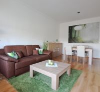 Living room with a sofa and a dining table in a 2-room apartment, floor with a wooden decor.