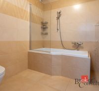 Bathroom with a bathtub and toilet in a family house with ceramic tiles.