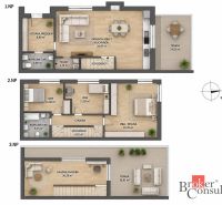 Floor plan of a family house with a terrace and wooden decor flooring on three levels.