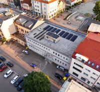 Aerial view of commercial premises on M.R. Štefánika Street in Topoľčany with a parking lot.