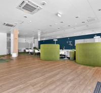 Commercial spaces with wood-patterned flooring and green partition panels.