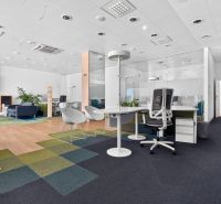 Commercial spaces with glass partitions and wood-patterned flooring, colorful carpets.