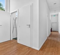 Interior of commercial spaces with white walls, wood-patterned flooring, and a wardrobe.