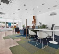 Commercial spaces with wood-patterned flooring, modern furniture, and plants.