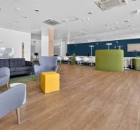 Interior of commercial spaces with wood-patterned flooring, gray furniture, and green elements.