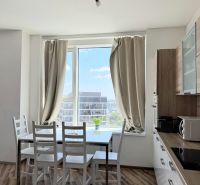 A kitchen with a dining table, a floor with wooden decor, in a 3-room apartment.