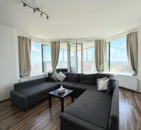 Spacious living room area with a dark sofa and wooden decor flooring in a 3-room apartment.
