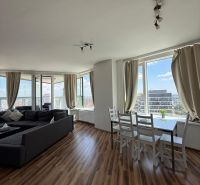 Living room in a three-room apartment with a wood-patterned floor and large windows.
