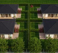 Plots - housing in Dunajský Klátov; four single-story houses with landscaped gardens.
