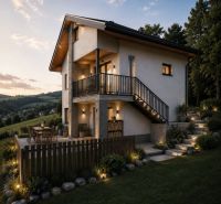 A family house in Hriňová at Pivnička 430 surrounded by a terrace and a garden with lighting.