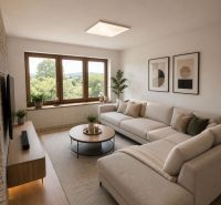 Living room in a family house with a sofa, a table, and a wooden decor floor.