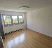 A room with a wooden decor floor in a family house, large window and white walls.