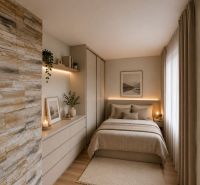 A bedroom in a family house with a wooden decor floor, soft natural tones, and stone cladding.