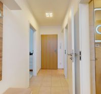 A hallway with an entrance to the bathroom and a mirror in a 3-room apartment with a tiled floor.