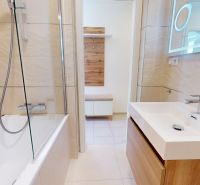 Bathroom with a bathtub and a sink in a 3-room apartment, beige tiles, wood decor.