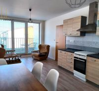 Living room with sofas, kitchen unit, and floor with wood decor in a two-room apartment.