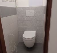 A toilet in a 2-room apartment with decorative wall tiles and a gray floor.