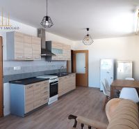A kitchen in a 2-room apartment with a wooden decor floor and a dining table.