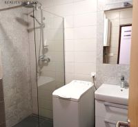 Bathroom in a 2-room apartment with a washing machine, shower, and sink.
