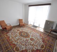 Living room in a two-room apartment with a carpet, two armchairs, and a television.