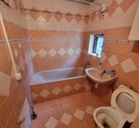 A bathroom with tiles and cladding, a bathtub, a sink, and a toilet in a family house.