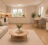The 4-room apartment has an open kitchen with a dining area and a floor with a wooden decor.