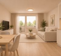 Living room with a sofa, dining table, and wooden decor flooring in a 4-room apartment.