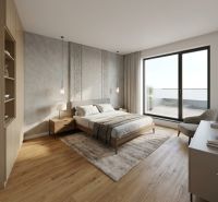 A bedroom in a 4-room apartment with a large window and a floor with a wooden decor.