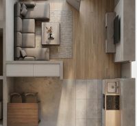 A top-down view of a living room with a wooden decor floor in a 4-room apartment.