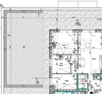 Floor plan of a 4-room apartment with a pool and wooden decor flooring.